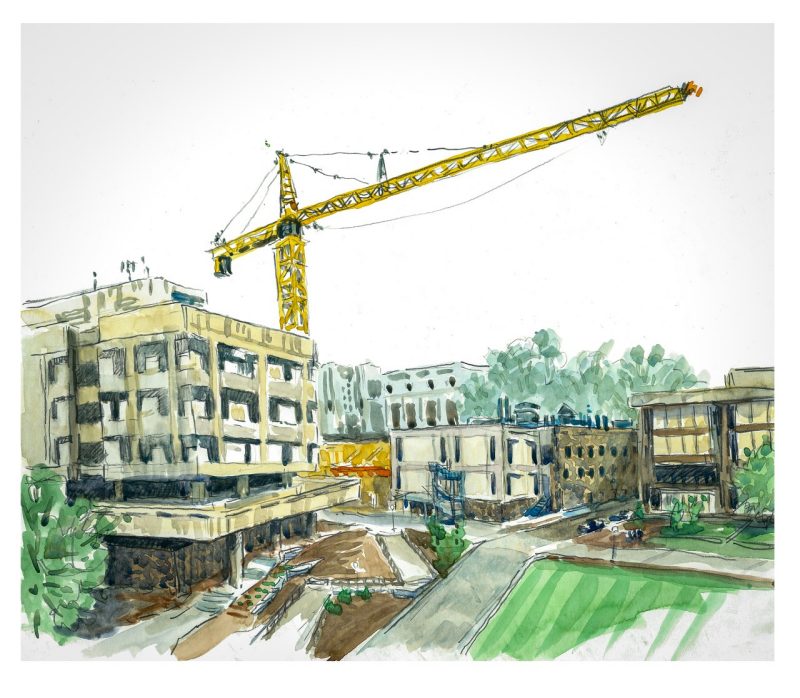 Watercolor sketch of the tower crane on the site of Mitchell Hall in the foreground are Whittemore, Hancock and Cowgill Halls