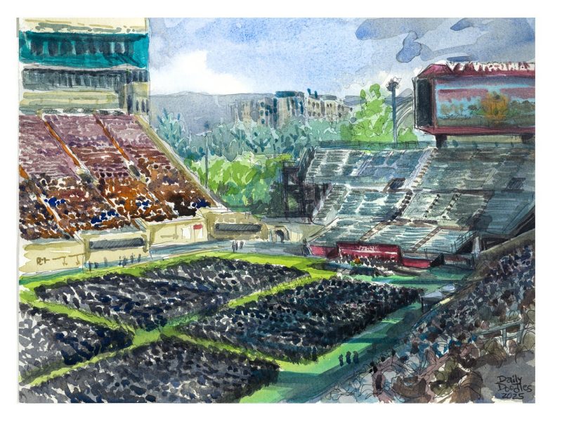 watercolor sketch of Lane Stadium with 2025 spring commencement grads on the field