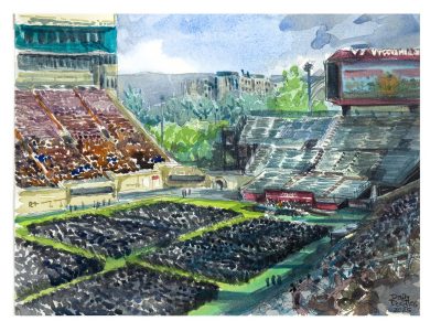 watercolor sketch of Lane Stadium with 2025 spring commencement grads on the field