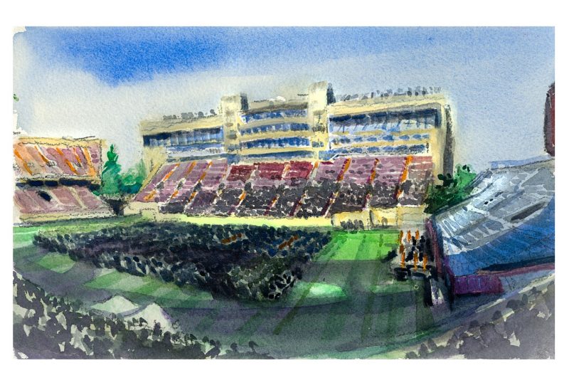 Watercolor sketch of the 2025 commencement from inside Lane Stadium