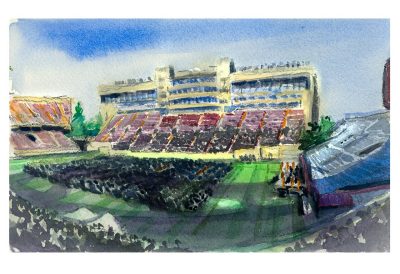 Watercolor sketch of the 2025 commencement from inside Lane Stadium