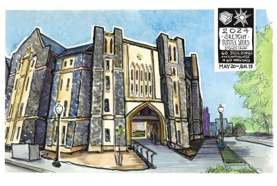 Ink and watercolor sketch of the Upper Quad Hall North