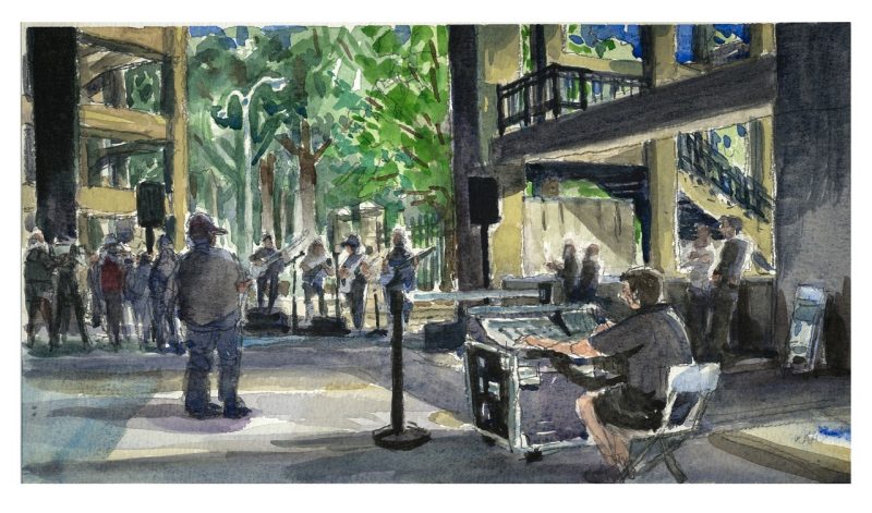 watercolor sketch of a bluegrass band playing in the south end zone concourse at the Employee Appreciation and Hokie Wellness Fair