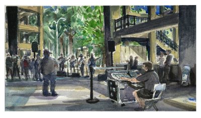 watercolor sketch of a bluegrass band playing in the south end zone concourse at the Employee Appreciation and Hokie Wellness Fair