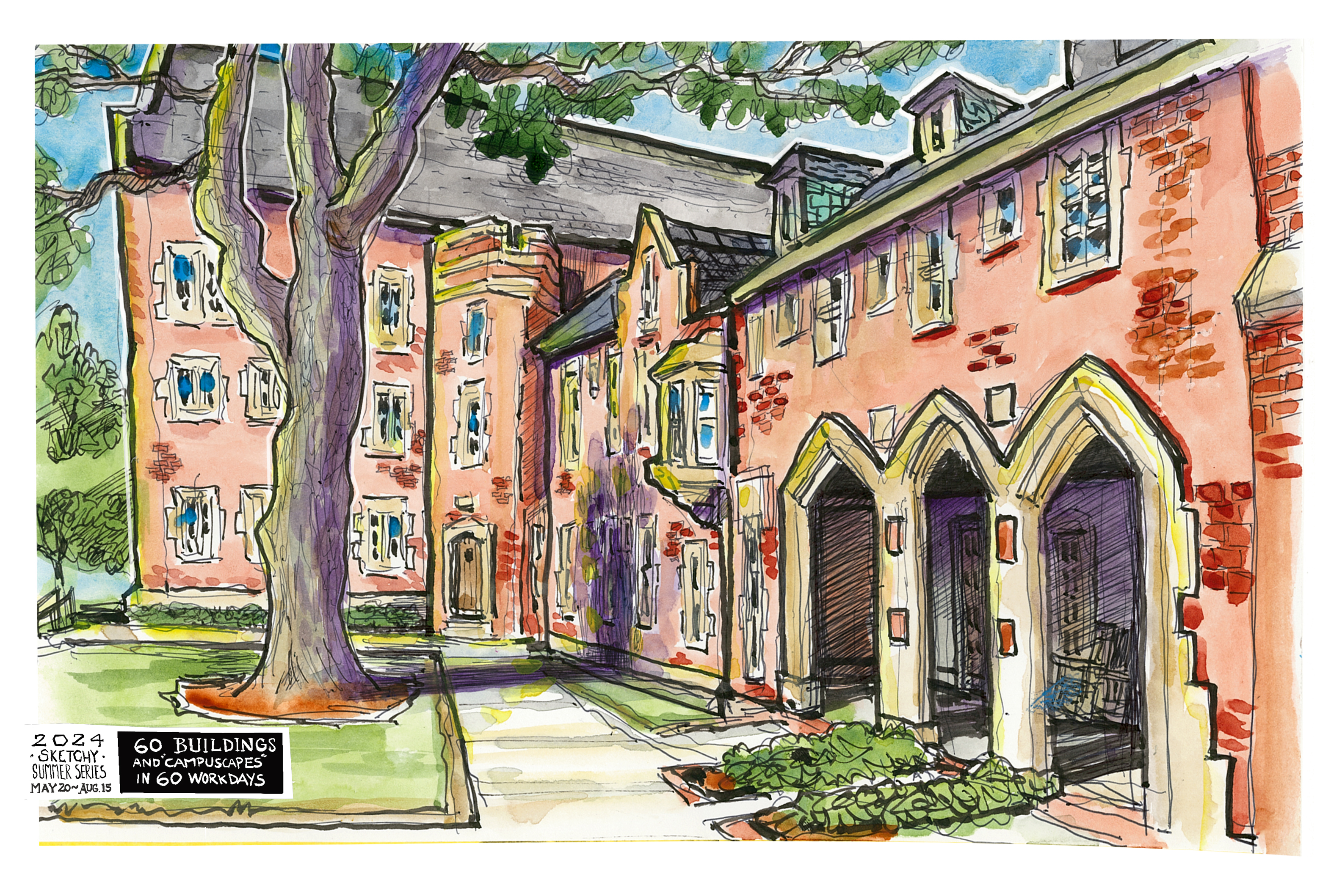 Ink and watercolor sketch of Hillcrest Hall