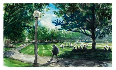 Watercolor sketch of distant Dining Services employees on the Drillfield playing kickball in the foreground someone is walking along a path and there are employees sitting under a shade tree