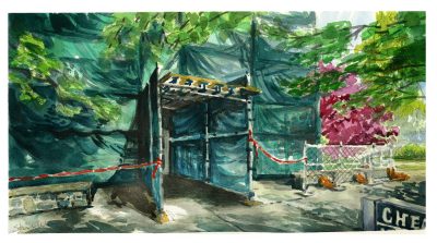 Watercolor sketch of the exterior of cheatham hall wrapped in green construction tarp