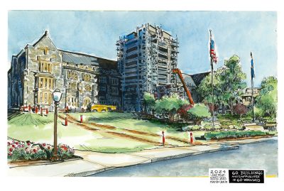 Ink and watercolor sketch of Burruss Hall with scaffolding on the main tower facade