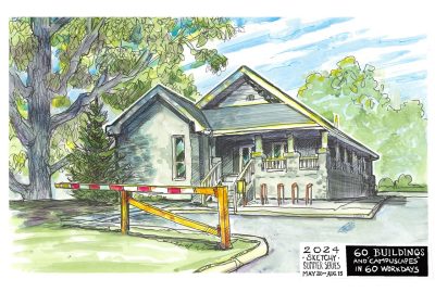 Ink and watercolor sketch of the parking services building