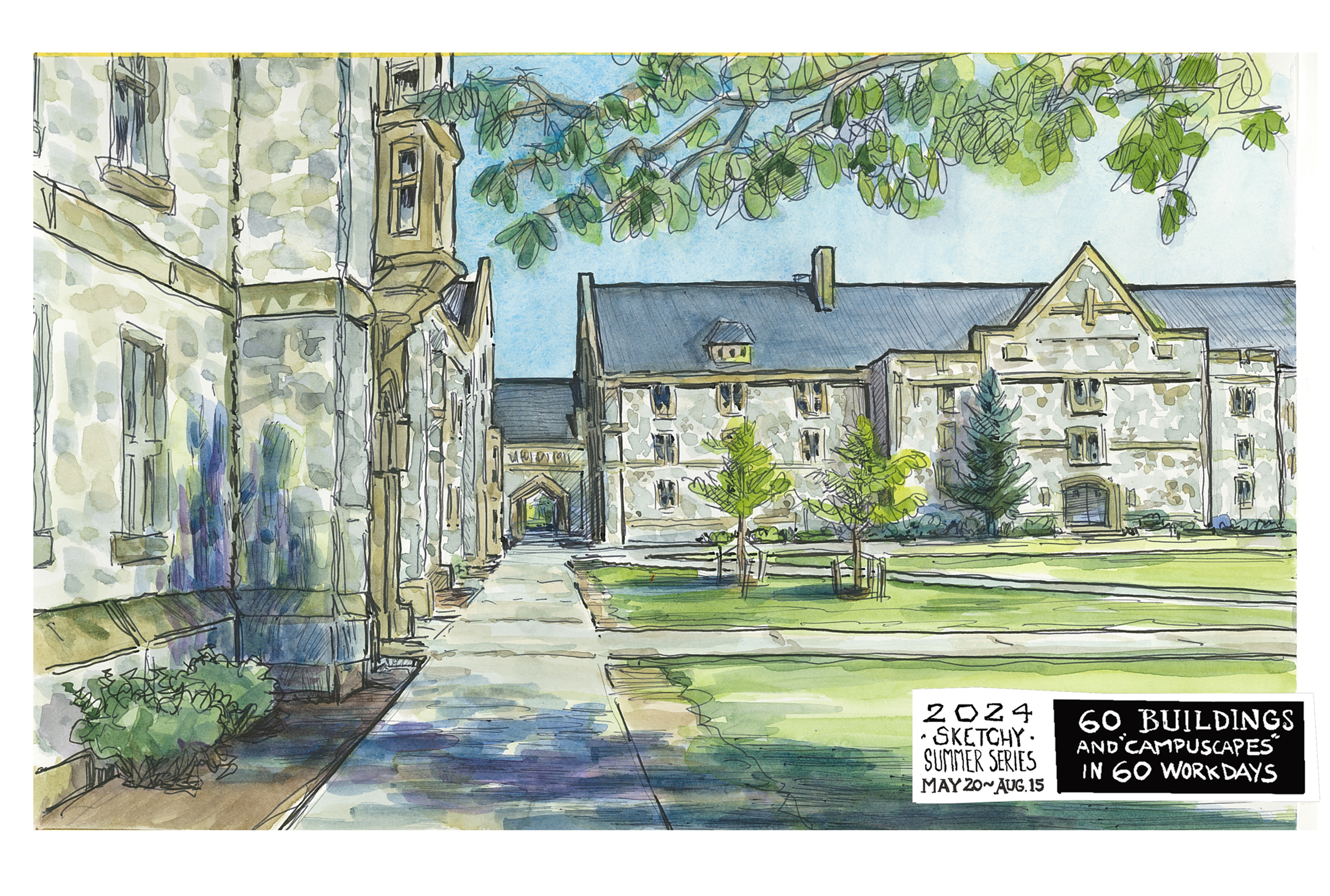 ink and watercolor sketch of main and west eggleston halls