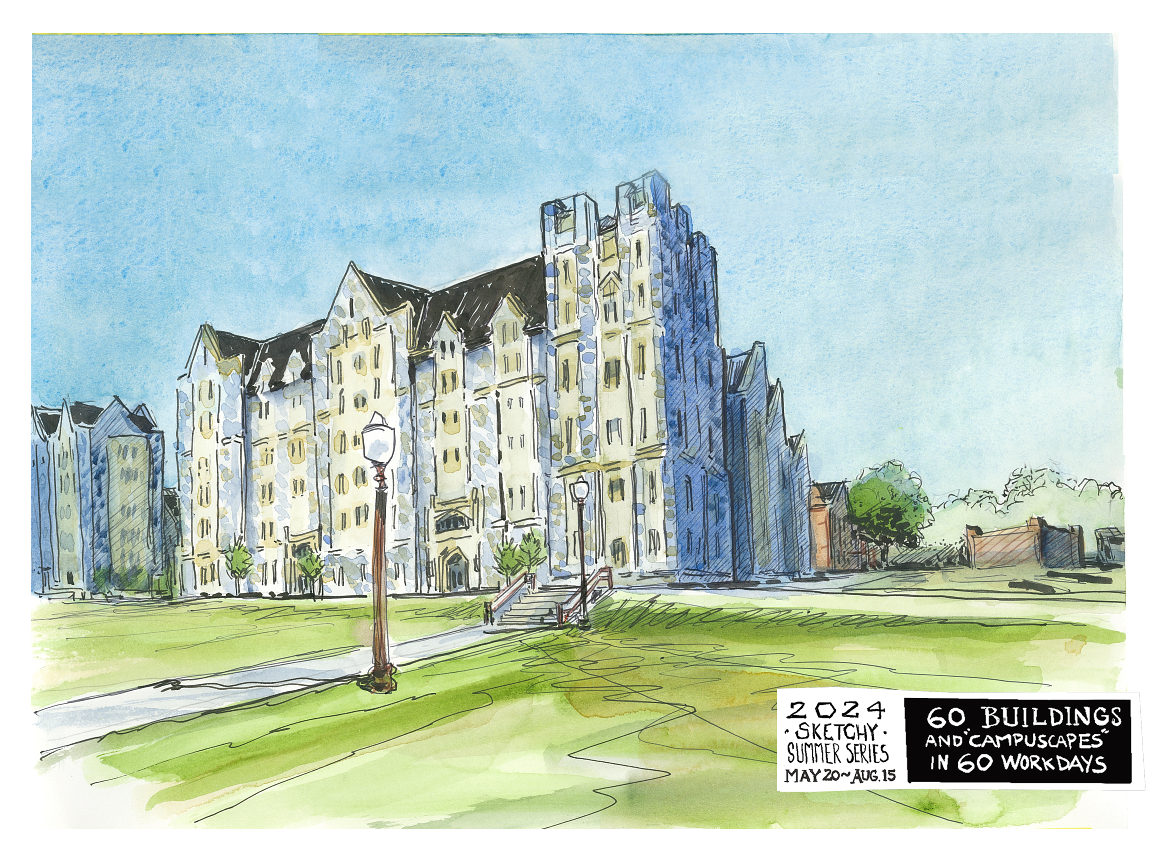 Ink and watercolor sketch of Pearson Hall East