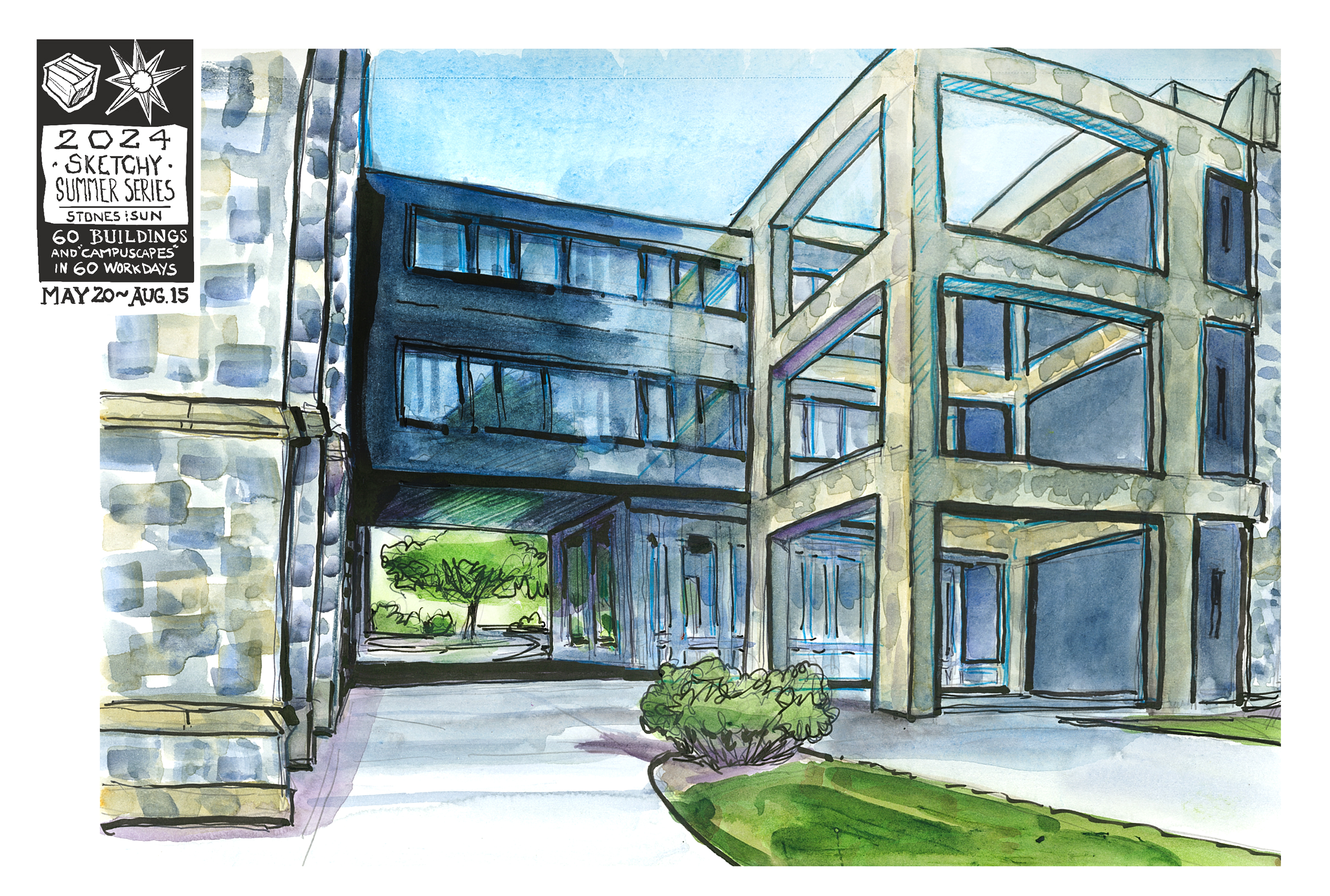 Ink and watercolor sketch of Fralin Hall