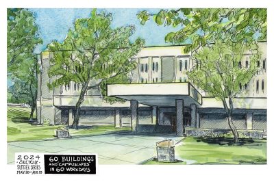 Ink and watercolor sketch of Litton-Reaves Hall