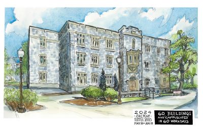 Ink and watercolor sketch of Sandy Hall