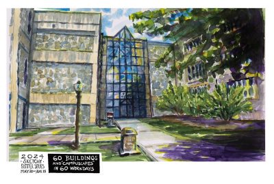 Watercolor sketch of atrium side view of Hahn Hall -- South Wing 
