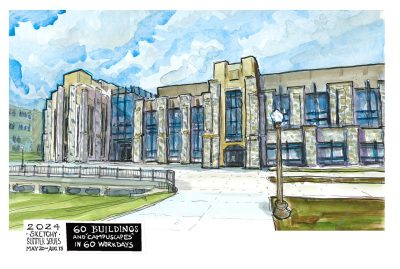 Ink and watercolor sketch of Hitt Hall and Perry Place Dining Facility