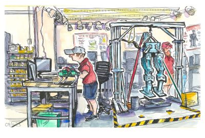 Iink and watercolor sketch of the team of robotics researchers programming and assembling test terrrestial robotics in the TREC lab in Goodwin Hall