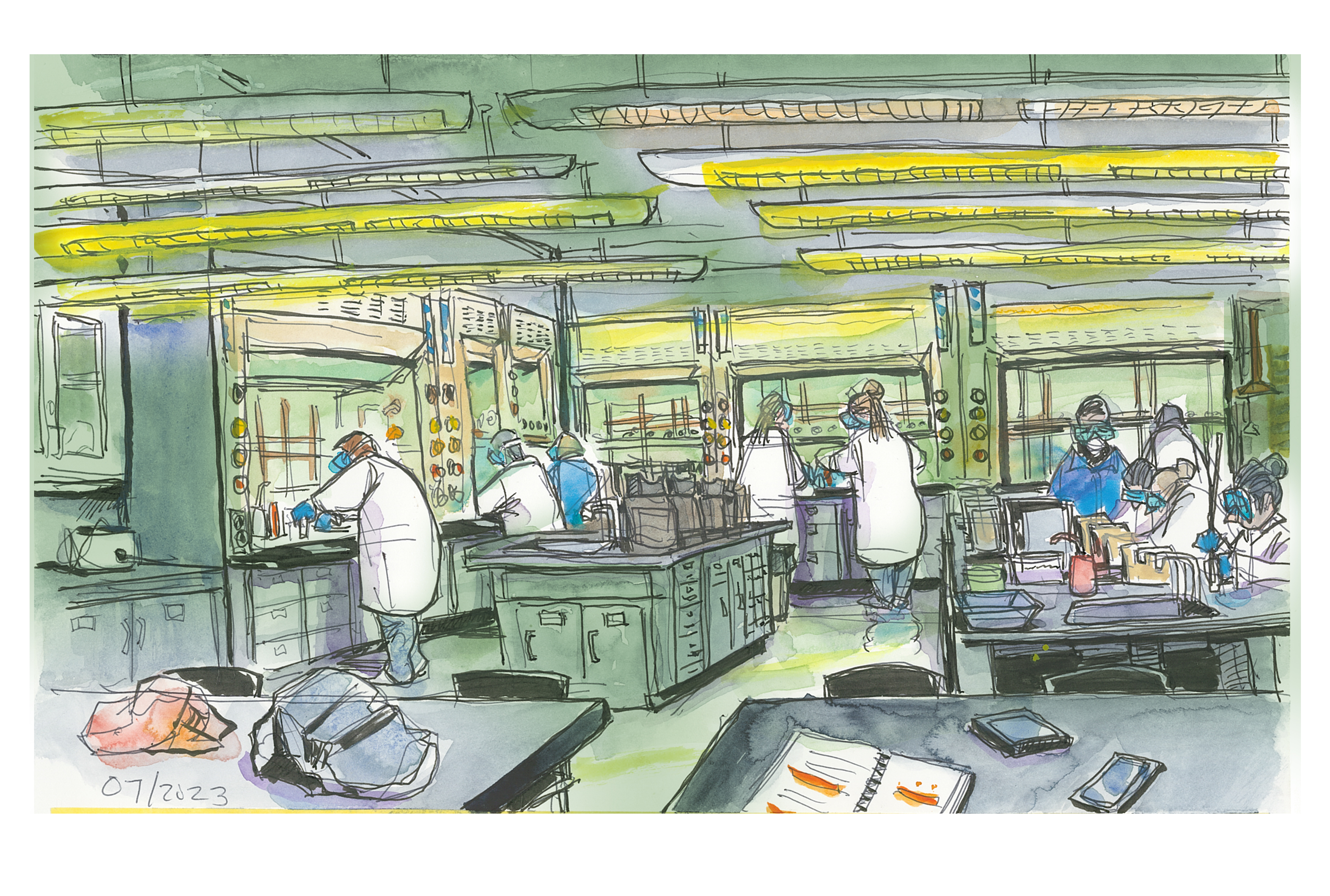 Ink and watercolor sketch of students in organic chem II doing a nitration experiment in lab. Most are seen using chemistry hoods; they are wearing white lab coats and goggles for safety. 
