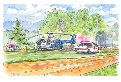 Ink and watercolor sketch of Carilion's Life-Guard helicopter unit and VT Rescue Squad and Blacksburg Rescue Squad personnel participating in a critical injury exercise with Athletics' Training. 