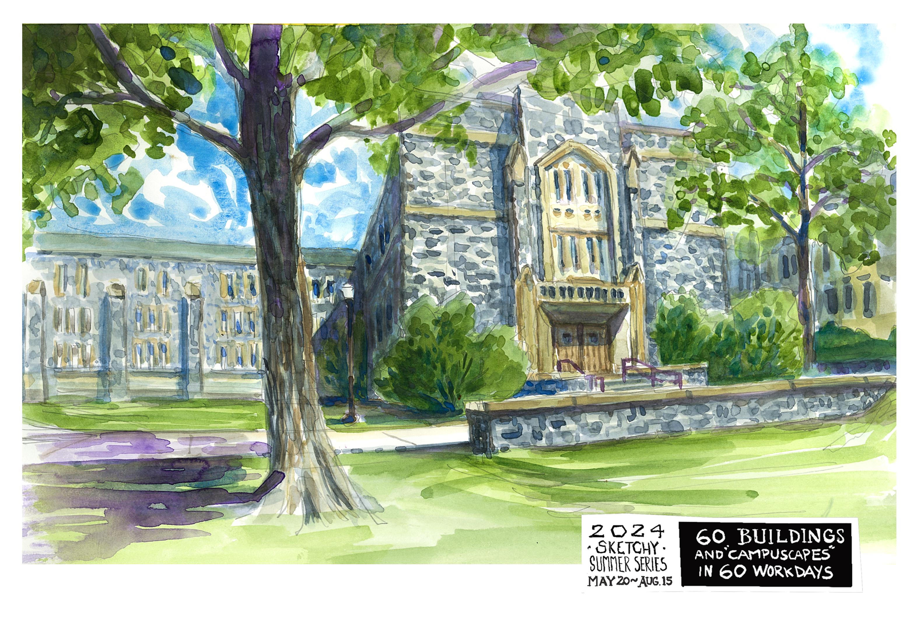 Watercolor sketch of Pamplin Hall