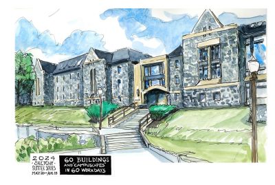 Watercolor and ink sketch of Payne Hall