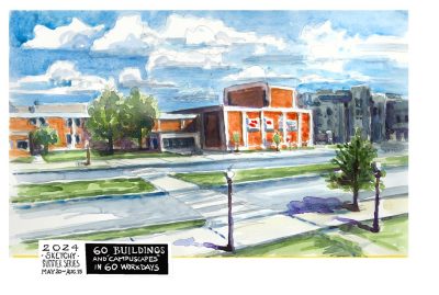 Watercolor sketch of Squires Student Center from Alumni Mall