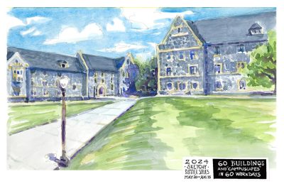 Watercolor sketch of Whitehurst and Miles Halls on the Presidents Quad