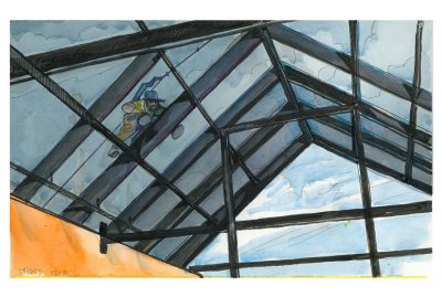Ink and watercolor sketch showing a contractor working on maintenance and repairs to the Squires skylight 