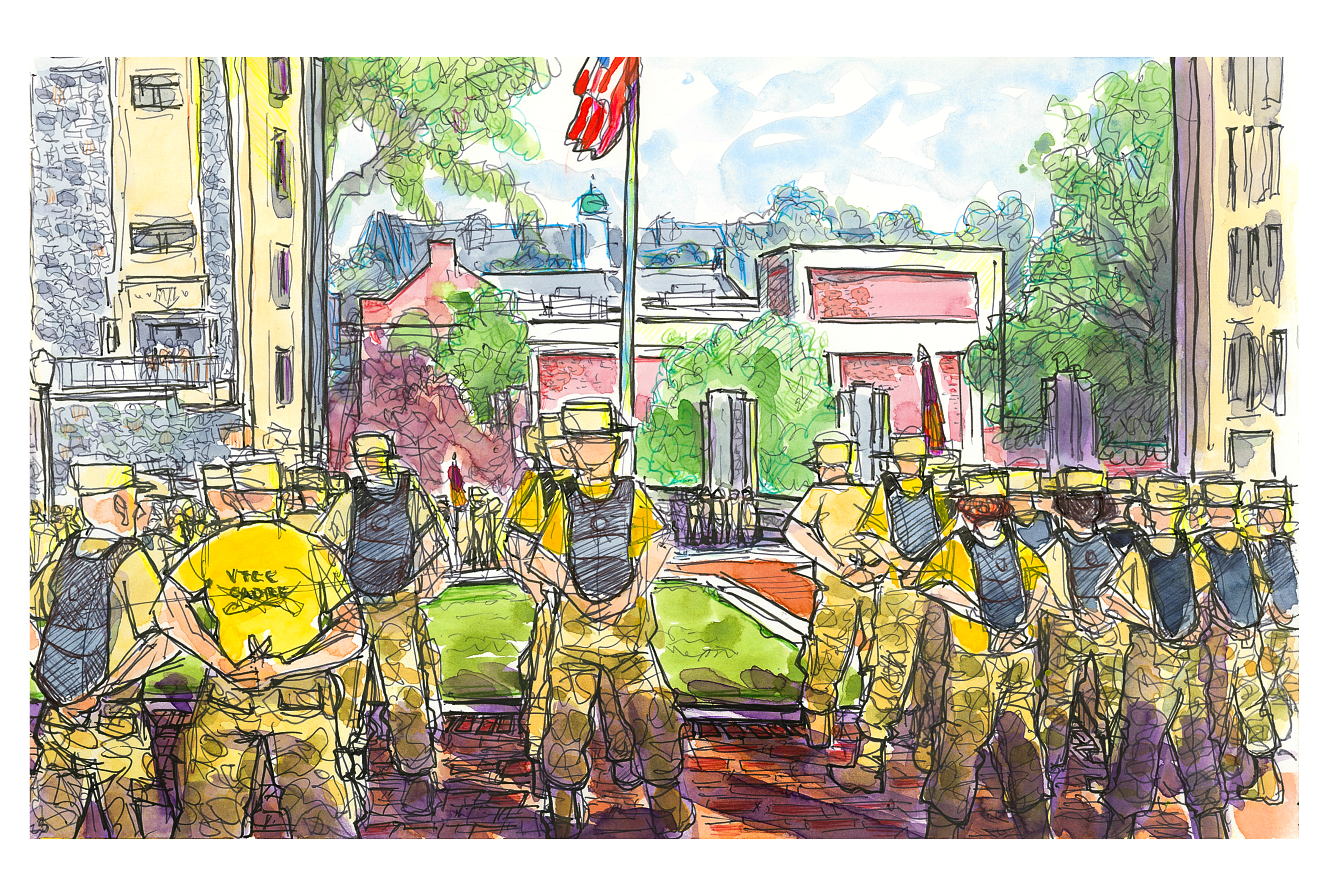 Ink and watercolor sketch of the Virginia Tech Corps of Cadets in evening formation