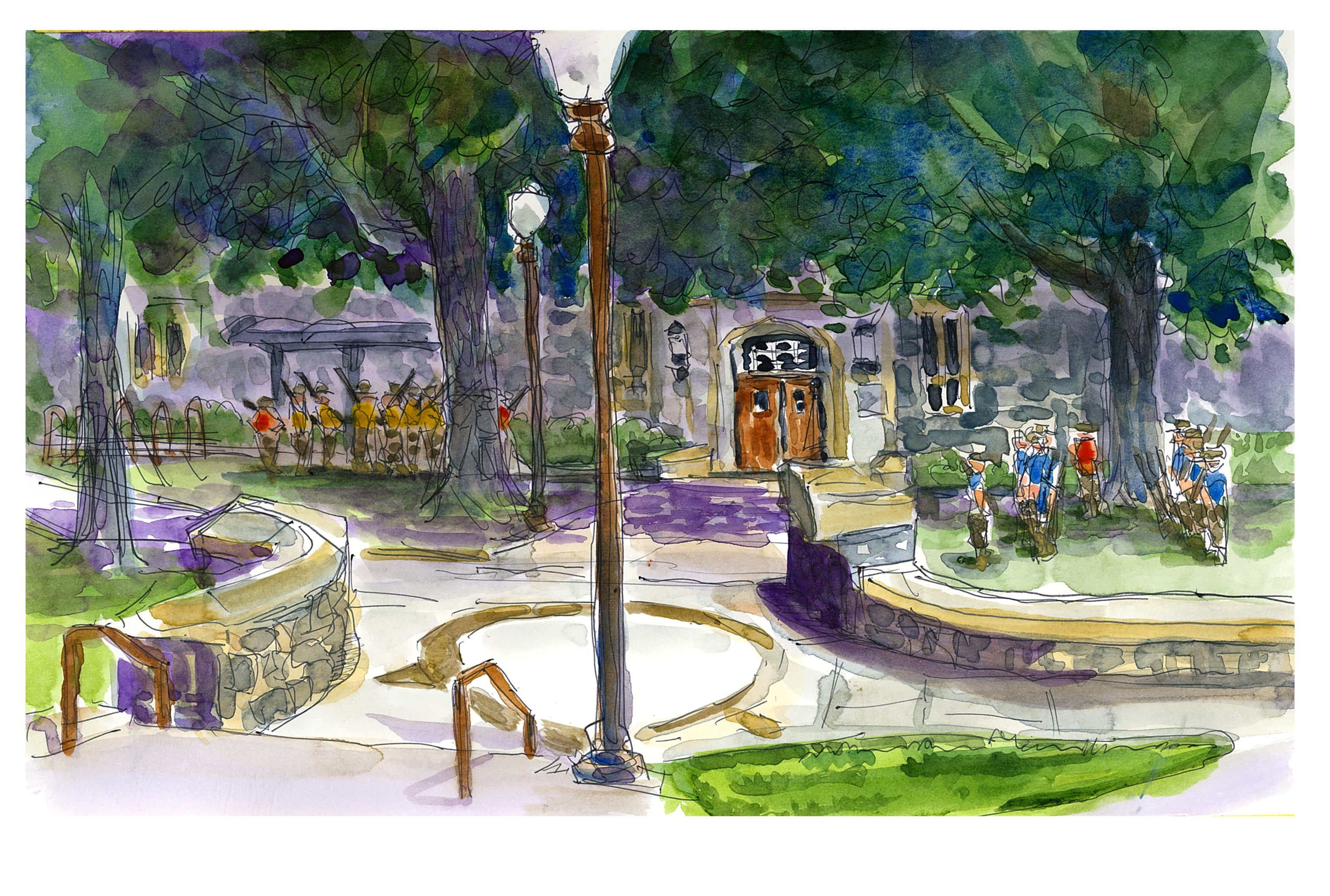 watercolor sketch of new cadets cadre week drills