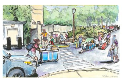 ink and watercolor sketch of new student move-in along Ag Quad Lane near Slusher Hall