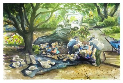 Watercolor and digital color of summer interns rebuilding a pond at Hahn Horticulture Garden