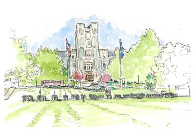 Ink and watercolor sketch of the corps of cadets practicing Pass and Review Parade on the Drillfield