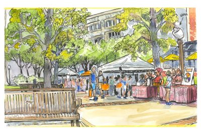 ink and watercolor sketch of the resrouce fair on the squires plaza
