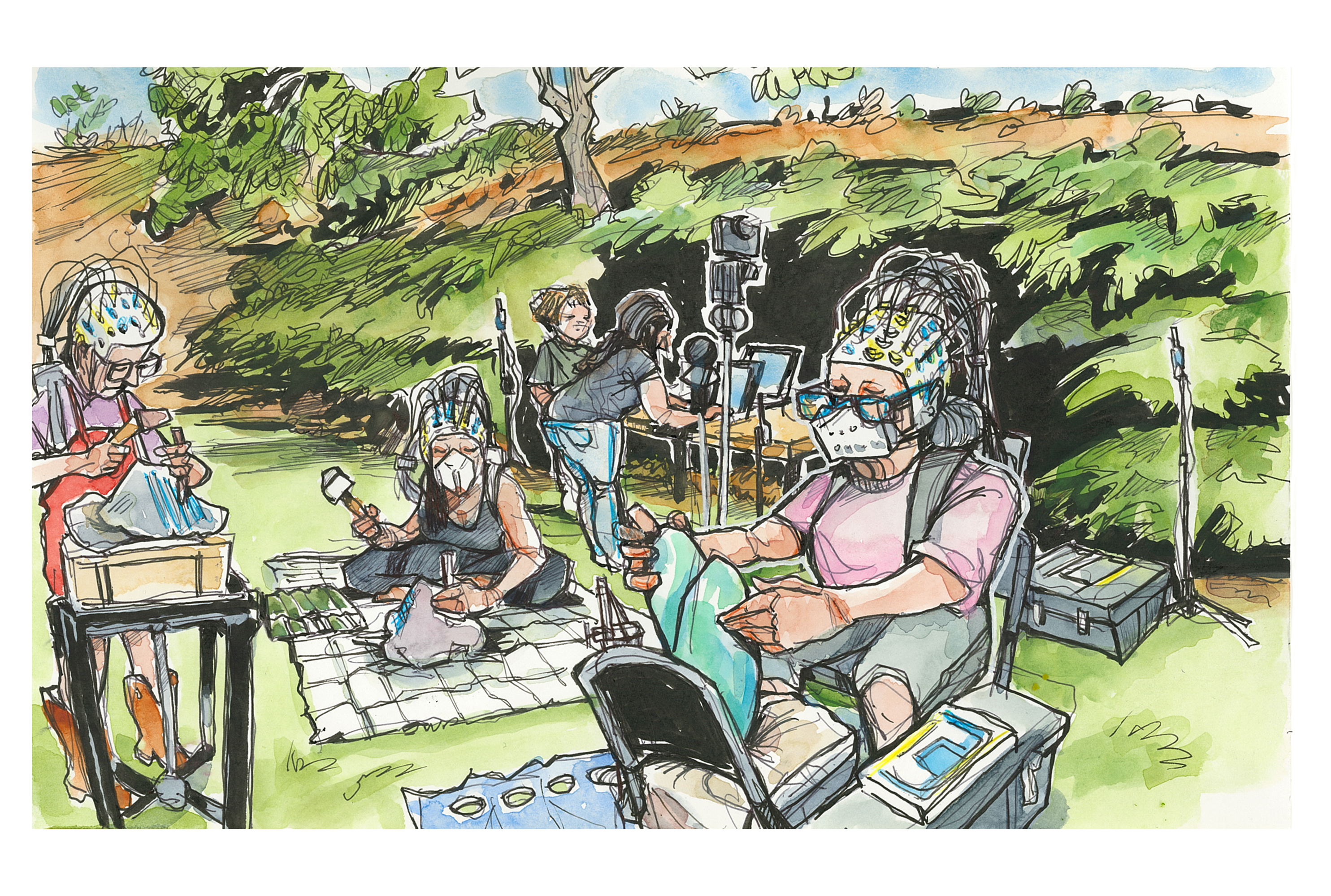 Ink and watercolor sketch of a group of sculptors being studied as part of research with the Embodied Bran Lab