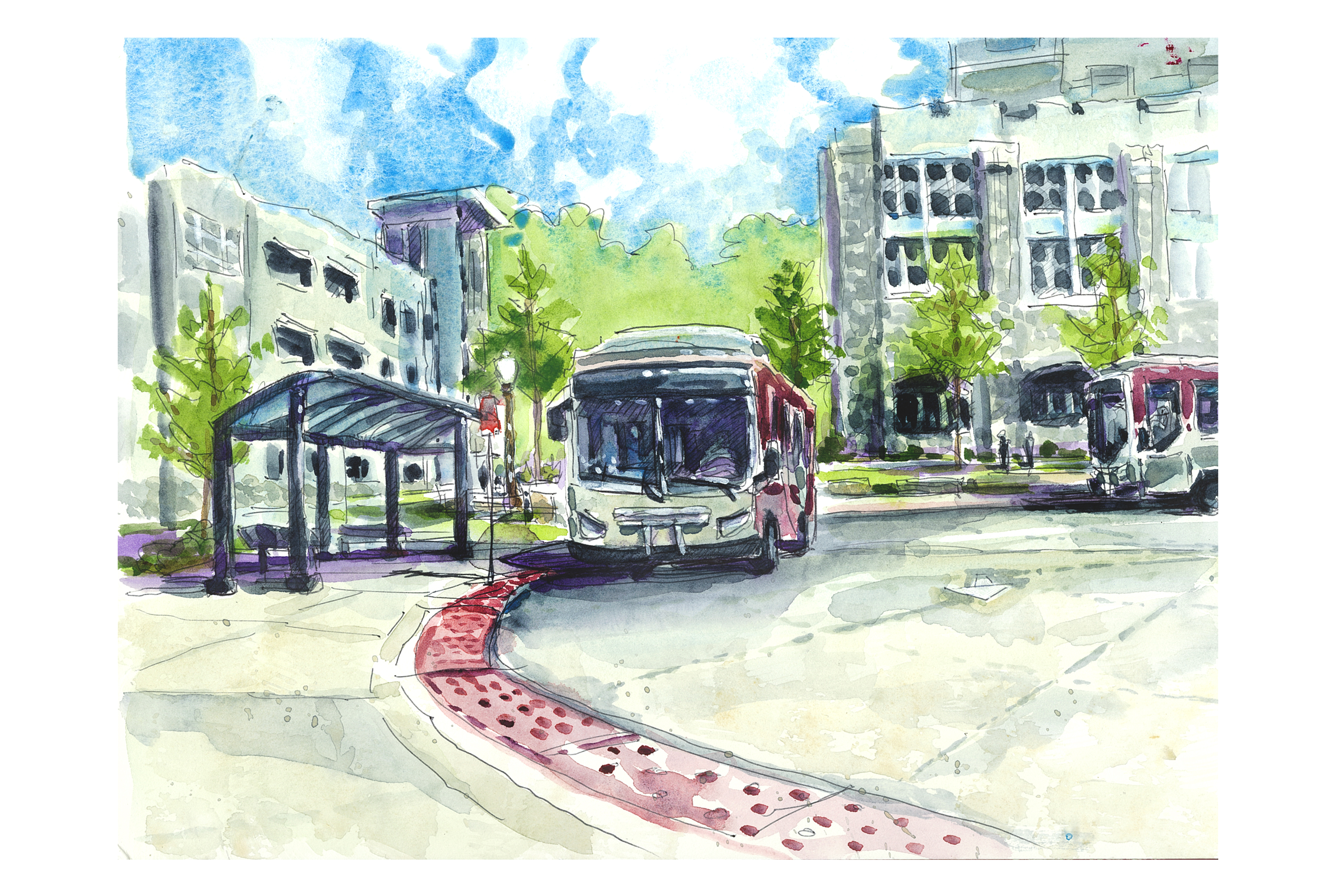 Watercolor sketch of the new transportation maroon loop bay 5 with the campus shuttle