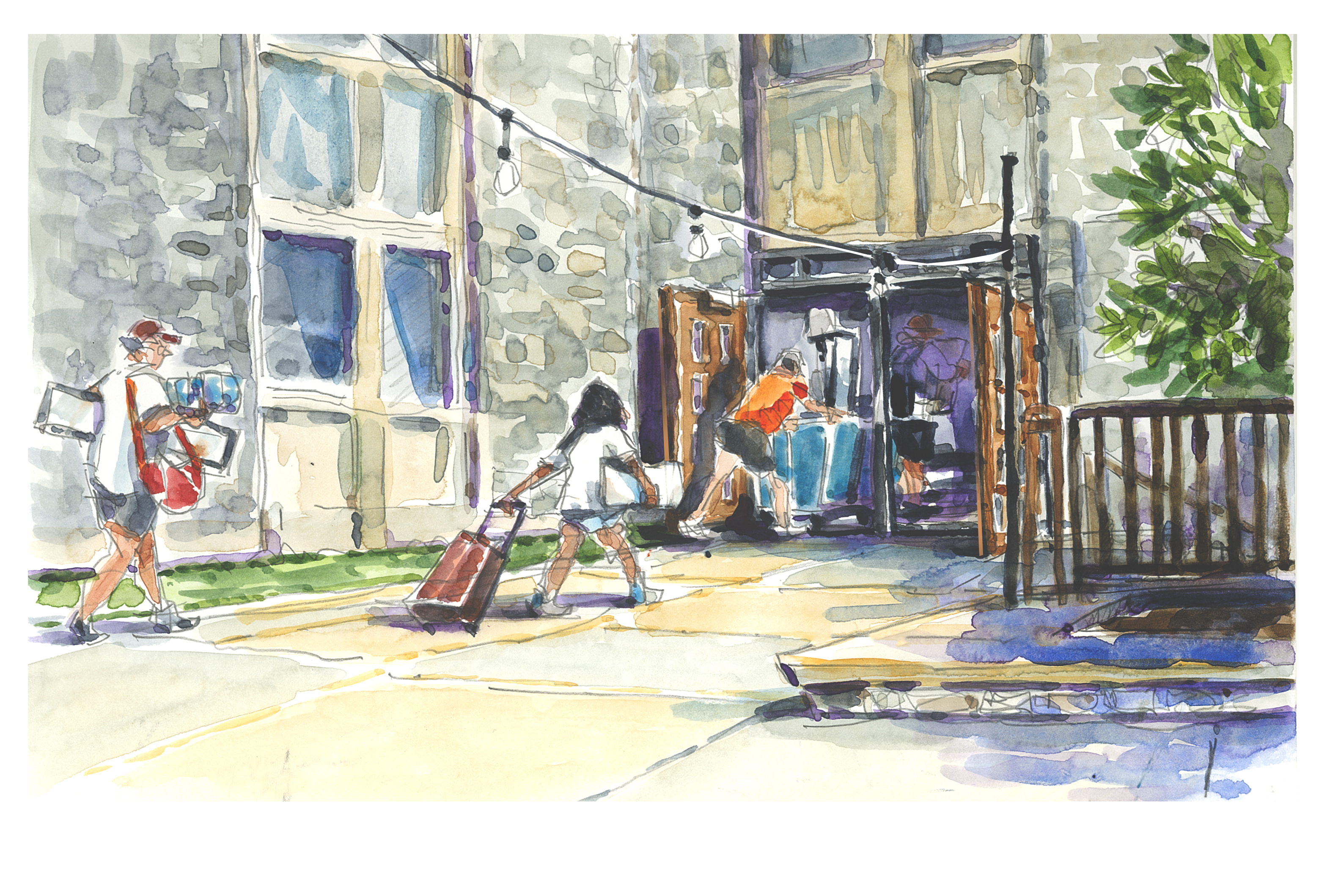 Watercolor sketch of the West AJ patio during the first day of move-in