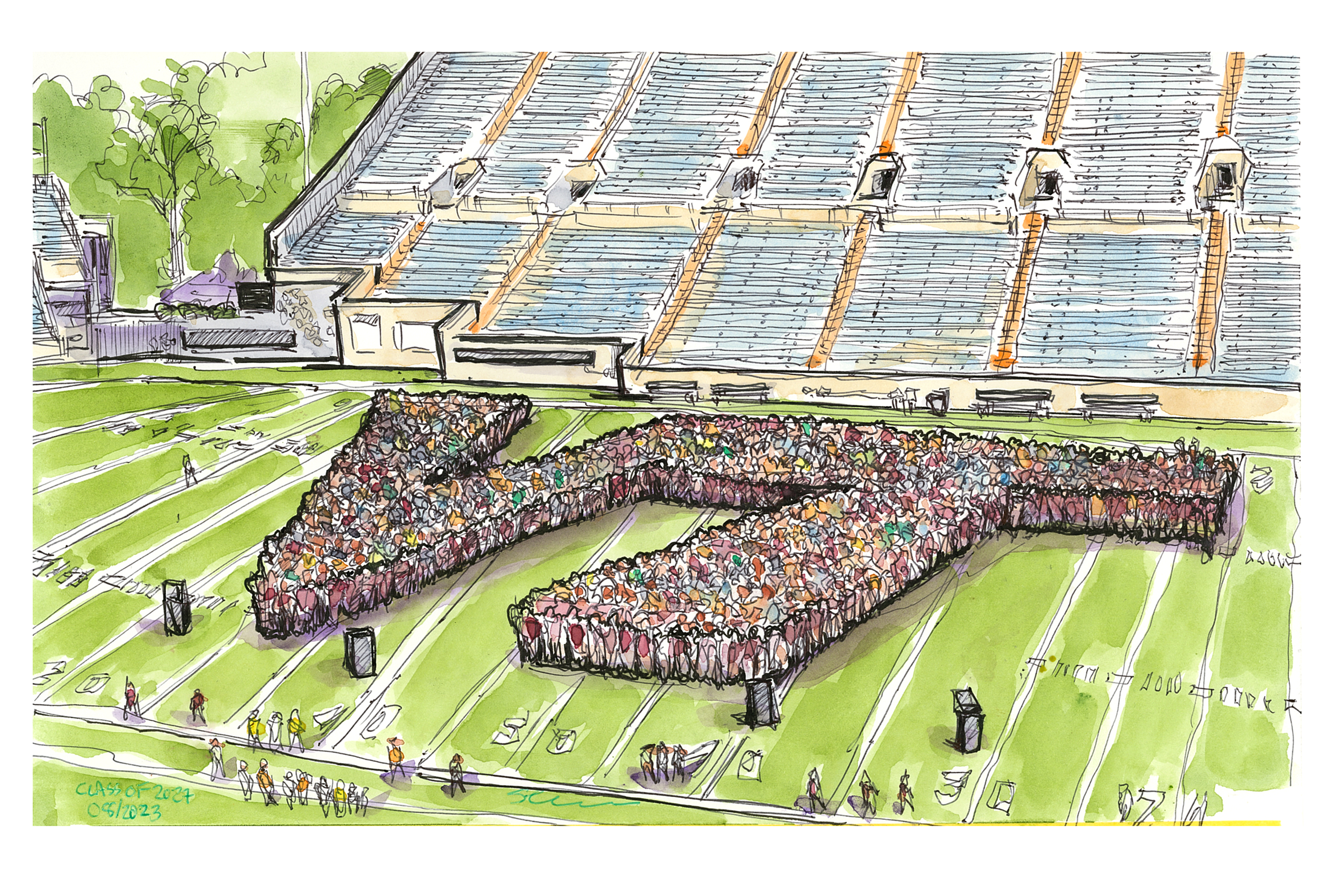 Ink and watercolor sketch of the class of 2027 taking their class pic inside Lane Stadium