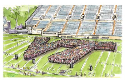 Ink and watercolor sketch of the class of 2027 taking their class pic inside Lane Stadium