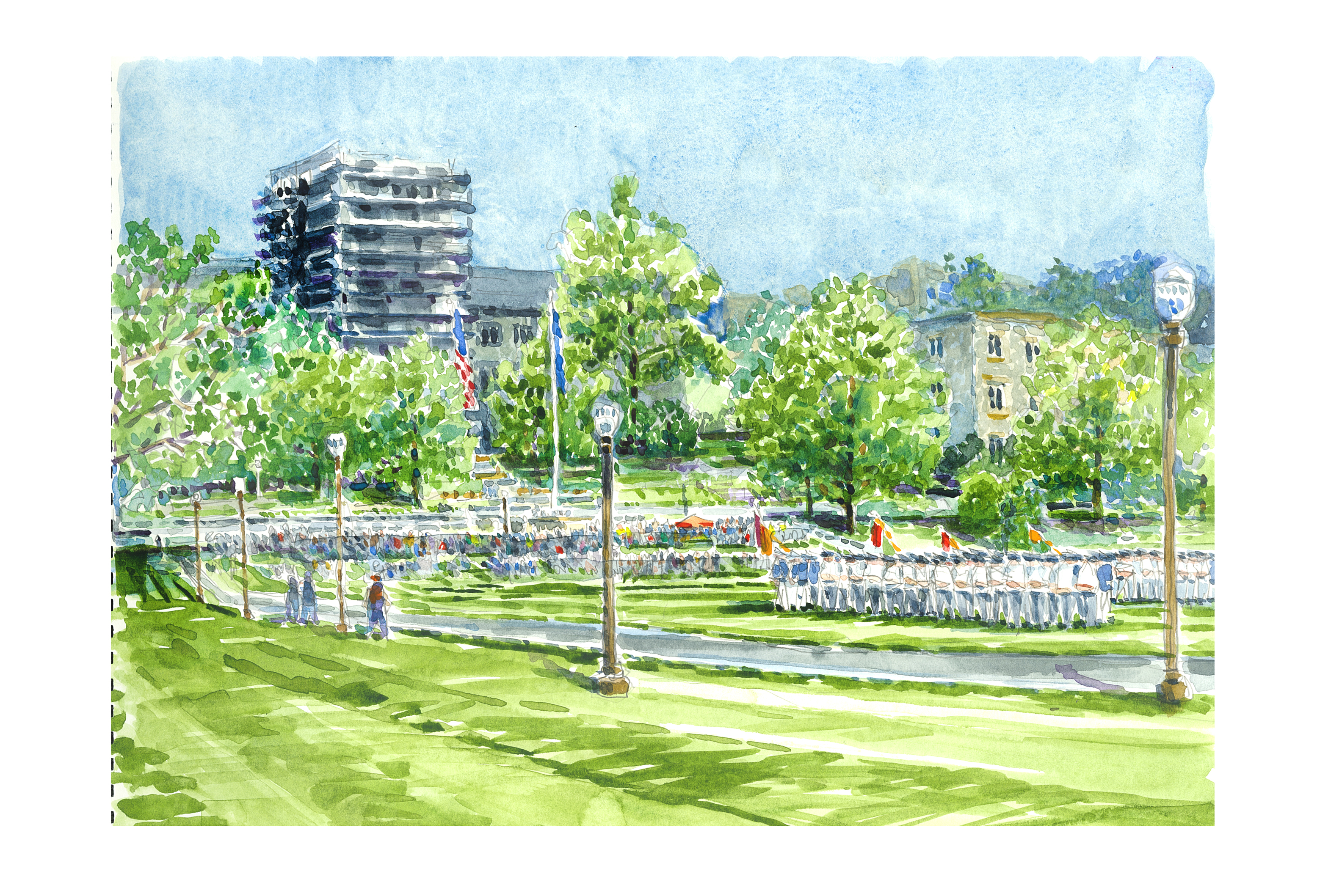 watercolor sketch of the new cadet parade on the drillfield