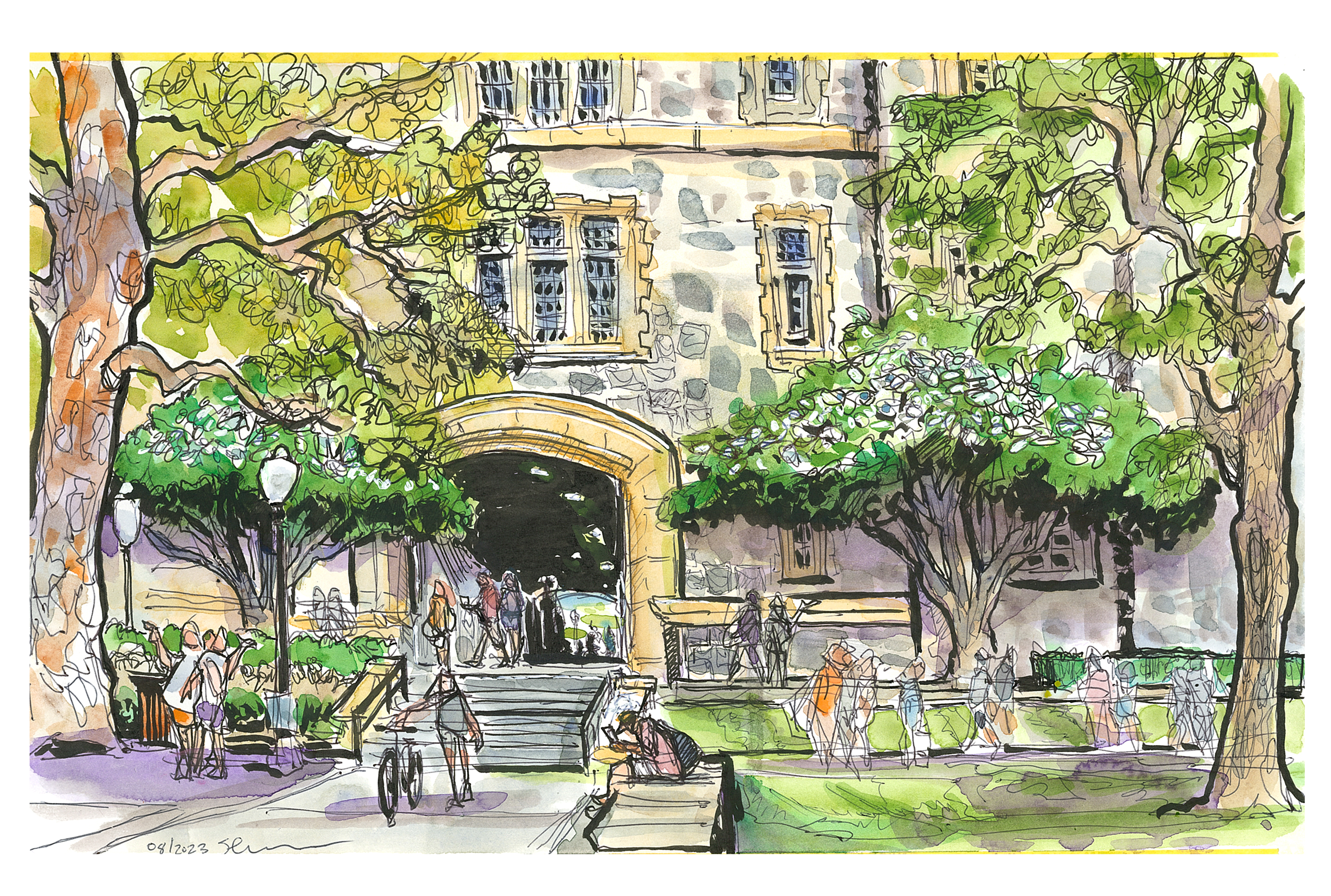 Ink and watercolor sketch of Burruss Hall with pedestrians emerging in to the summer air; small trees beside the tunnel are in bloom; a student sits on a wall in the foreground and another student pushes a bike