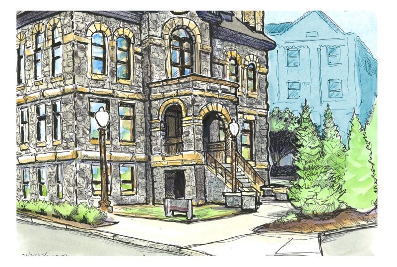 ink and watercolor sketch of the CLAHS administrative offices
