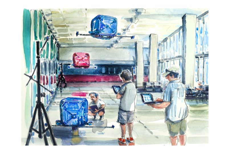 Watercolor sketch of researchers in the National Security Institute testing autonomous maritime drones in the Moss Arts Center Foyer