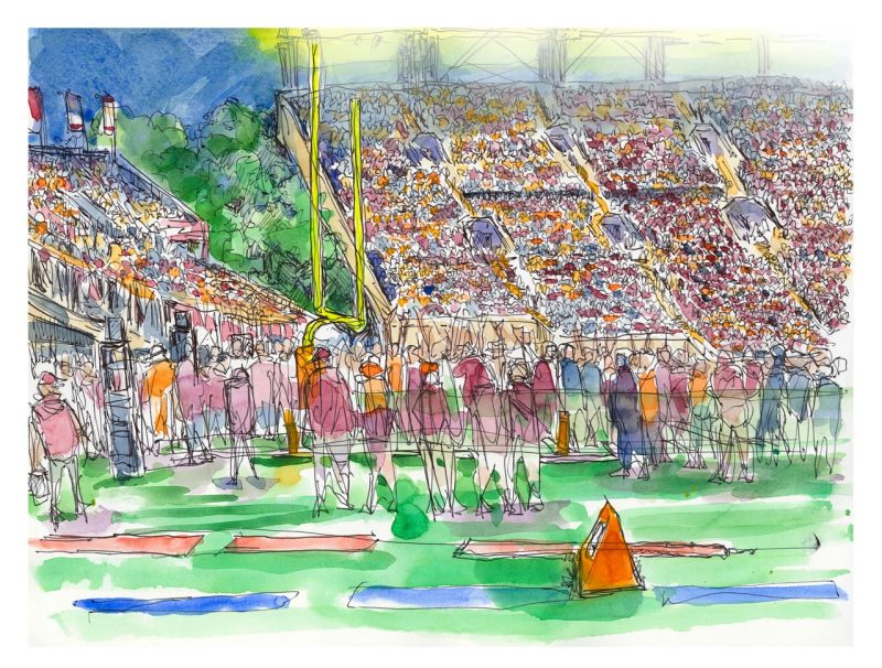 Ink and watercolor sketch from the on-field sideline just before the team exits the tunnel and Enter Sandman starts playing