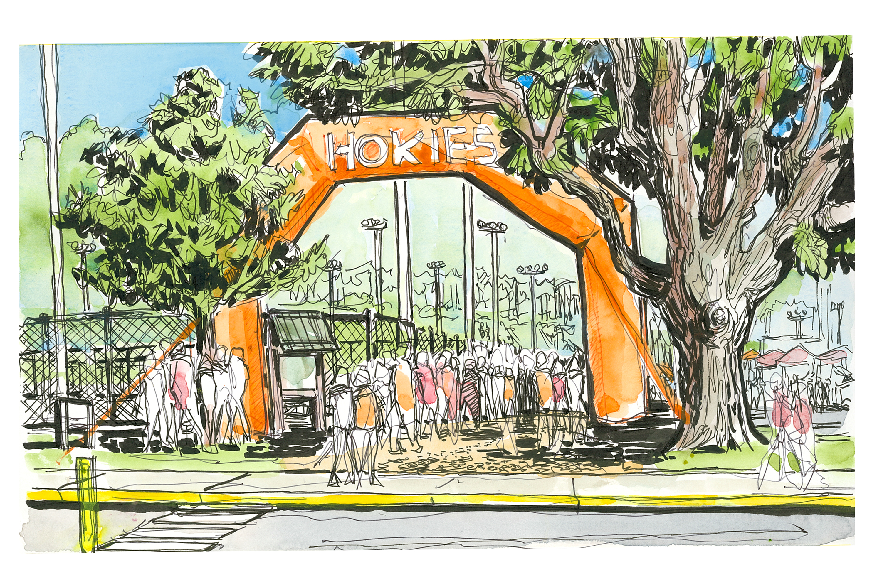 ink and watercolor of the washington street inflateable Hokies arch for Gate 7 student entry