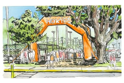 ink and watercolor of the washington street inflateable Hokies arch for Gate 7 student entry
