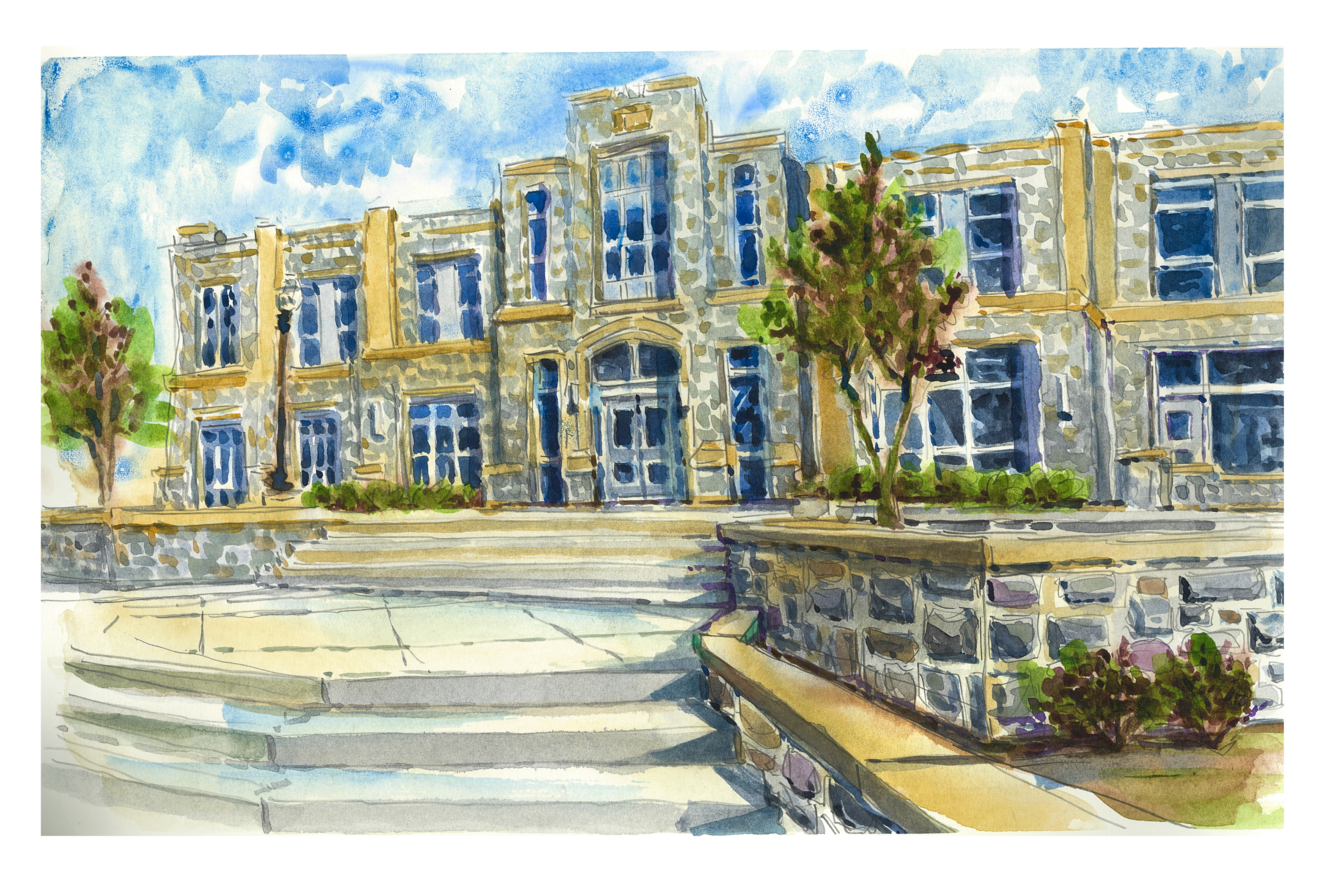 Watercolor sketch of the Transit Center on Perry Street