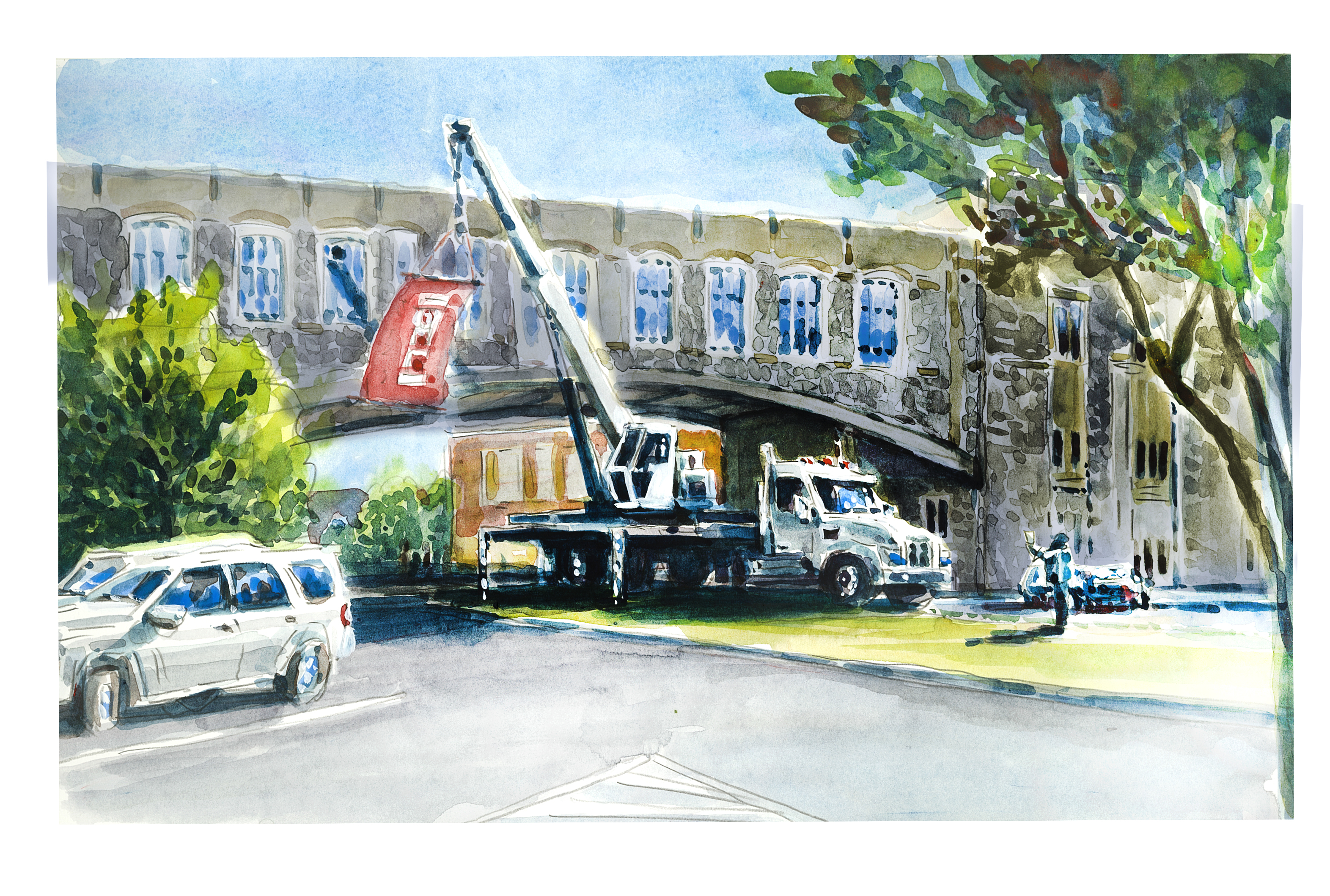 Watercolor sketch of alumni mall with a crane and banner attached