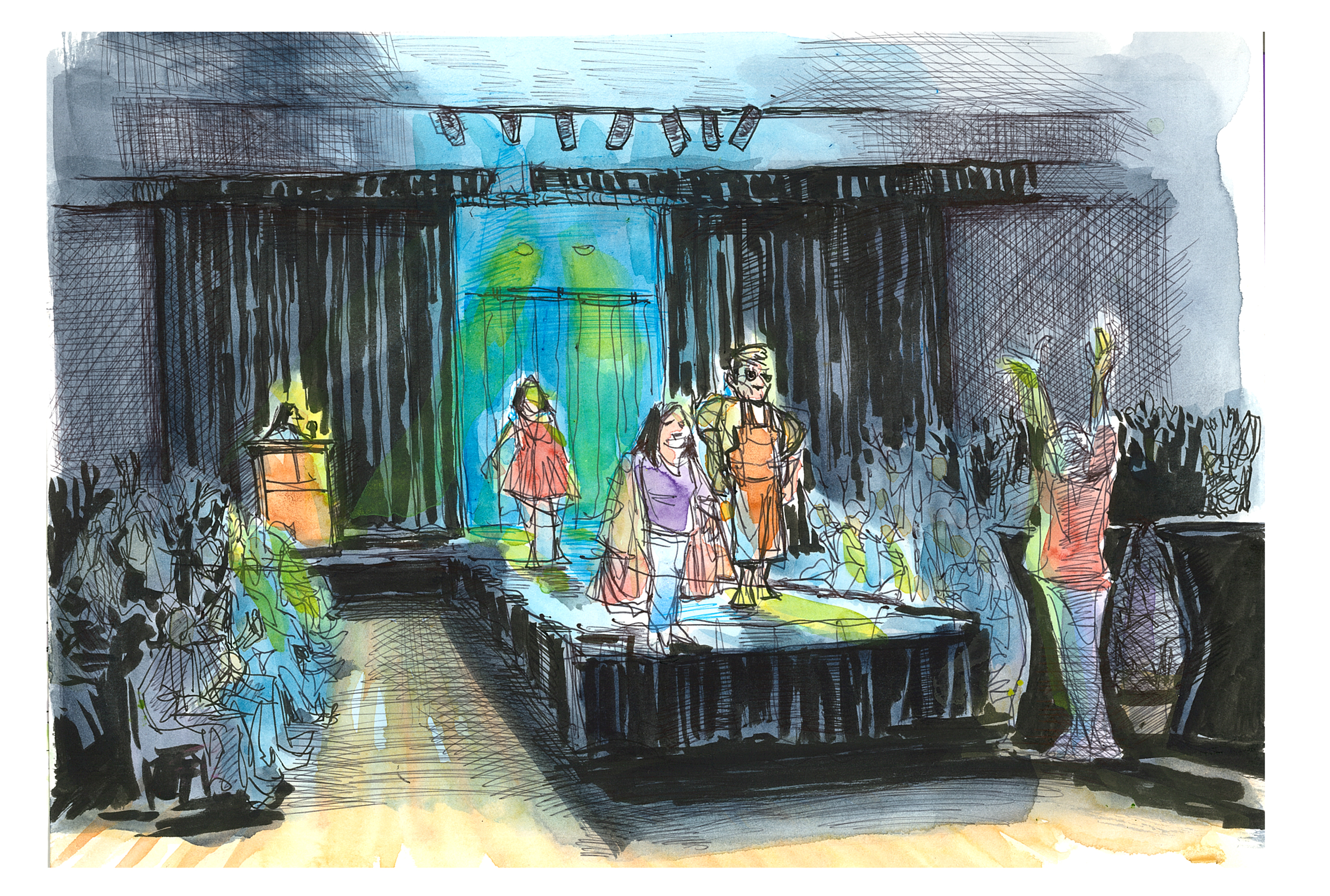 Ink and watercolor sketch of the Virginia Tech Cultural and Community Centers Fashion Show from the Weeks of Welcome events in August 2023