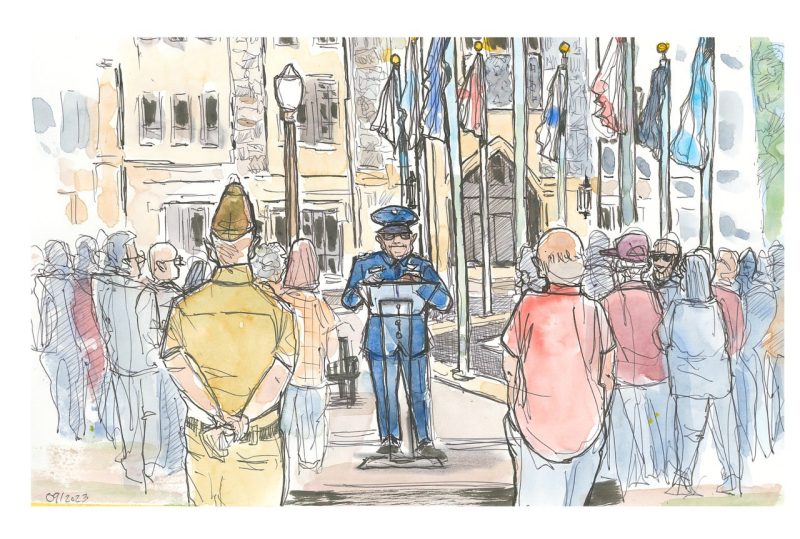 Ink and watercolor of the building dedication on the Upper Quad for the new Corps Leadership and Military Science Building